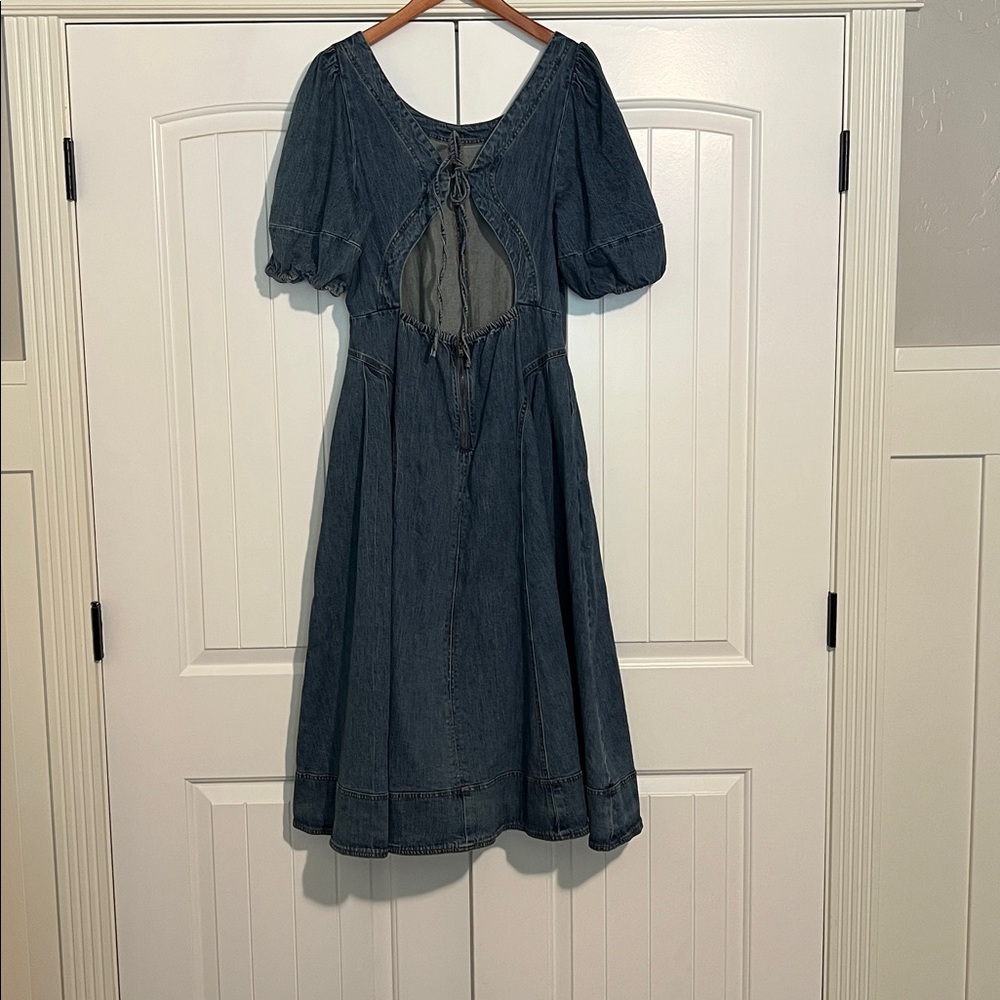 Anthropology Blue Denim Midi western Dress with Open Back and Pockets! - Picture 4 of 10